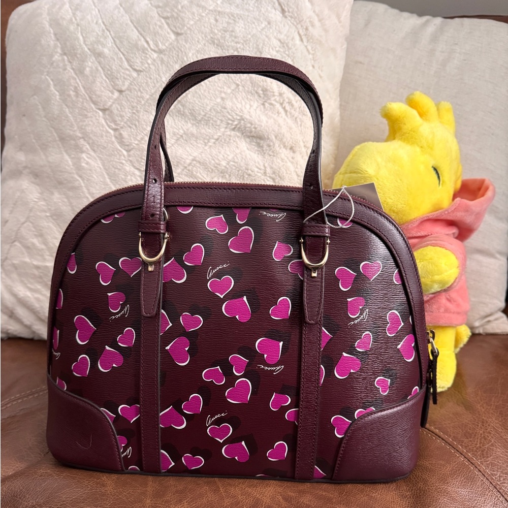 Gucci Heartbeat Leather Dome Satchel Burgundy Pink Heart Bag 309617 Top Handle